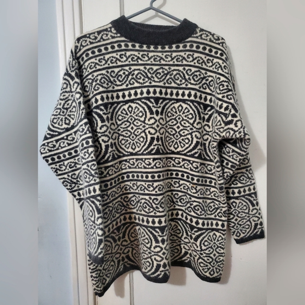 Vintage 90s Maglia Donna Geometric Print Grey White Womens Small